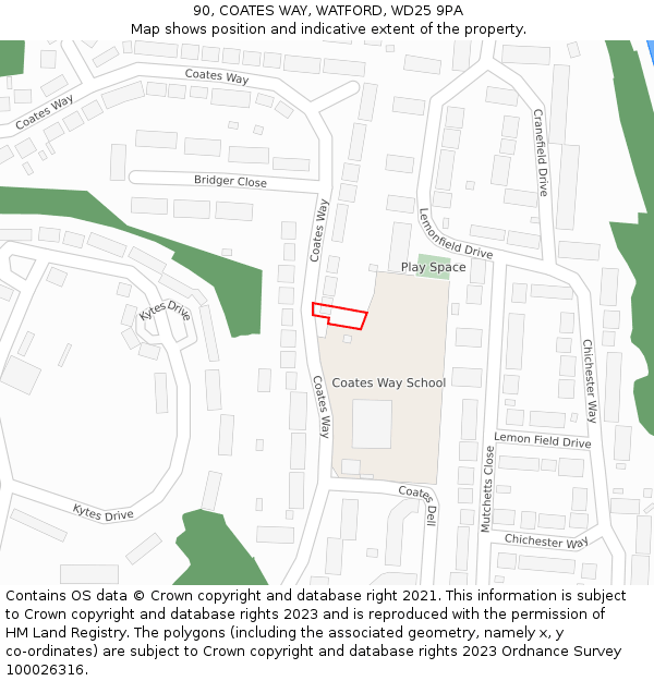 90, COATES WAY, WATFORD, WD25 9PA: Location map and indicative extent of plot