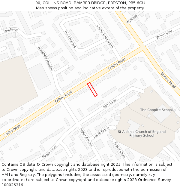 90, COLLINS ROAD, BAMBER BRIDGE, PRESTON, PR5 6GU: Location map and indicative extent of plot