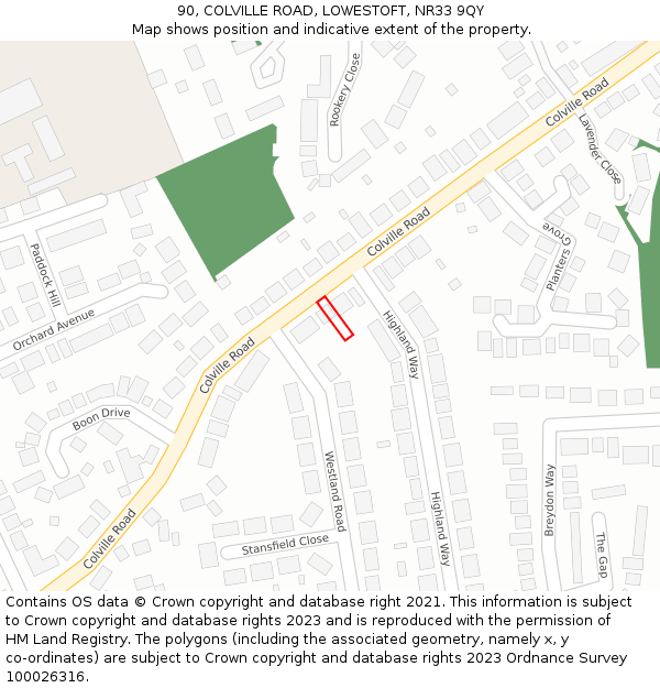 90, COLVILLE ROAD, LOWESTOFT, NR33 9QY: Location map and indicative extent of plot