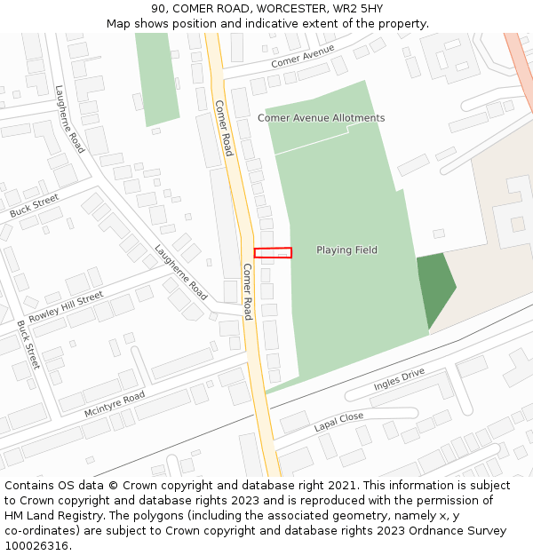 90, COMER ROAD, WORCESTER, WR2 5HY: Location map and indicative extent of plot