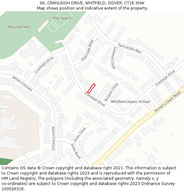 90, CRANLEIGH DRIVE, WHITFIELD, DOVER, CT16 3NW: Location map and indicative extent of plot