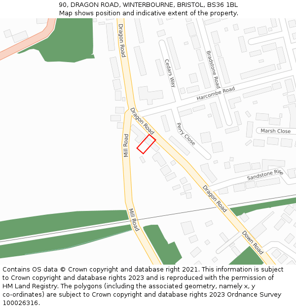 90, DRAGON ROAD, WINTERBOURNE, BRISTOL, BS36 1BL: Location map and indicative extent of plot