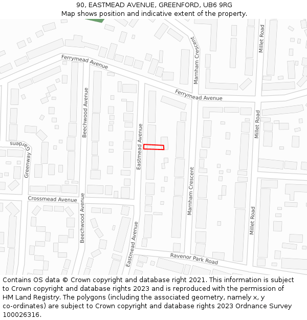 90, EASTMEAD AVENUE, GREENFORD, UB6 9RG: Location map and indicative extent of plot