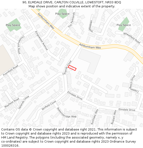 90, ELMDALE DRIVE, CARLTON COLVILLE, LOWESTOFT, NR33 8DQ: Location map and indicative extent of plot