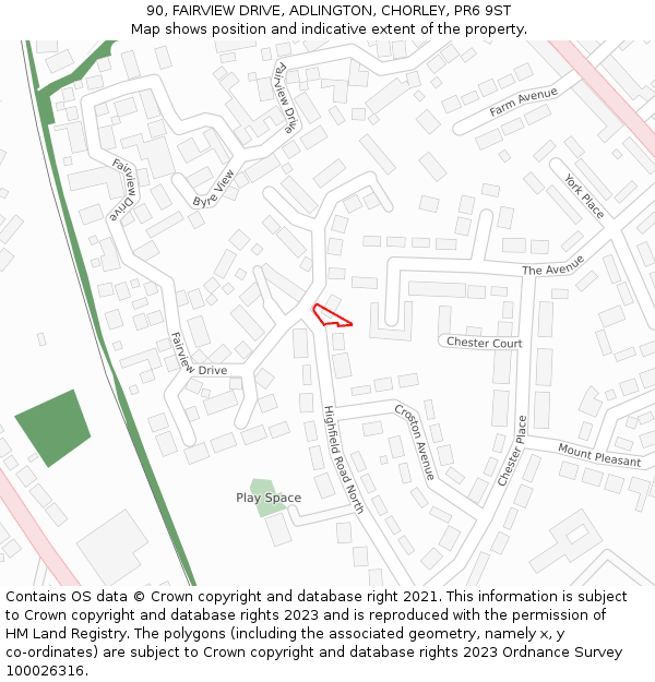 90, FAIRVIEW DRIVE, ADLINGTON, CHORLEY, PR6 9ST: Location map and indicative extent of plot
