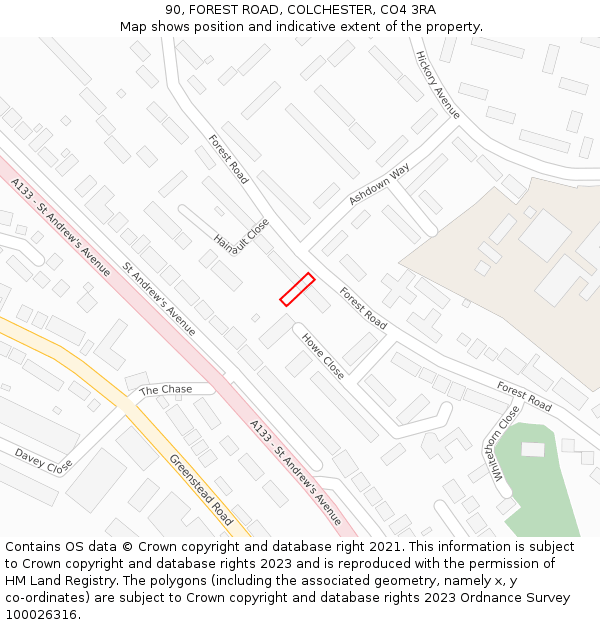 90, FOREST ROAD, COLCHESTER, CO4 3RA: Location map and indicative extent of plot