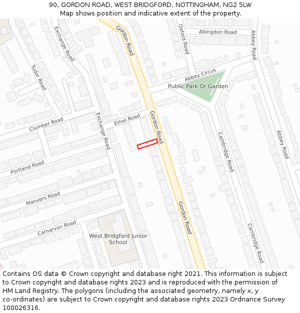 90, GORDON ROAD, WEST BRIDGFORD, NOTTINGHAM, NG2 5LW: Location map and indicative extent of plot