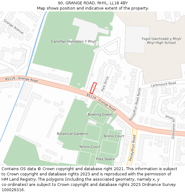 90, GRANGE ROAD, RHYL, LL18 4BY: Location map and indicative extent of plot