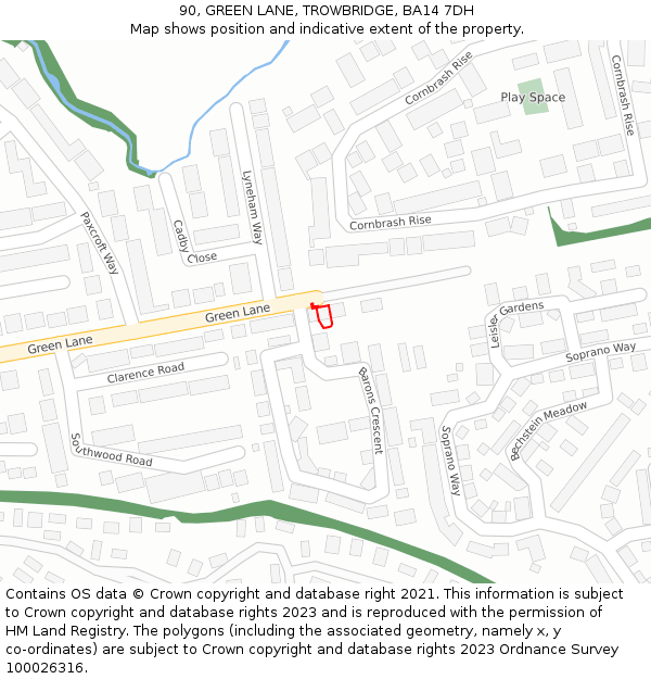 90, GREEN LANE, TROWBRIDGE, BA14 7DH: Location map and indicative extent of plot