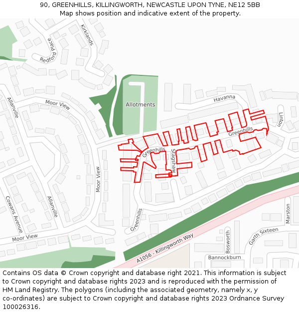 90, GREENHILLS, KILLINGWORTH, NEWCASTLE UPON TYNE, NE12 5BB: Location map and indicative extent of plot