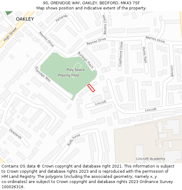 90, GRENIDGE WAY, OAKLEY, BEDFORD, MK43 7SF: Location map and indicative extent of plot