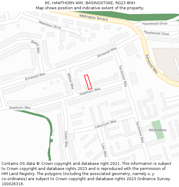 90, HAWTHORN WAY, BASINGSTOKE, RG23 8NH: Location map and indicative extent of plot