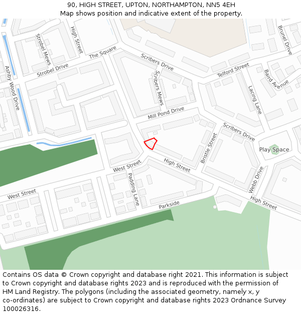 90, HIGH STREET, UPTON, NORTHAMPTON, NN5 4EH: Location map and indicative extent of plot