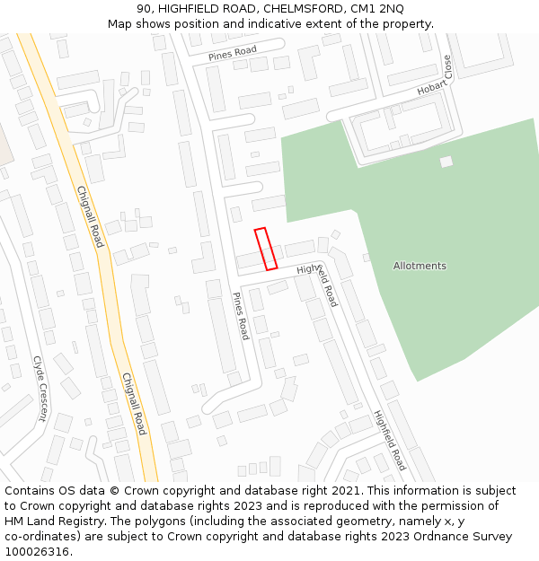 90, HIGHFIELD ROAD, CHELMSFORD, CM1 2NQ: Location map and indicative extent of plot