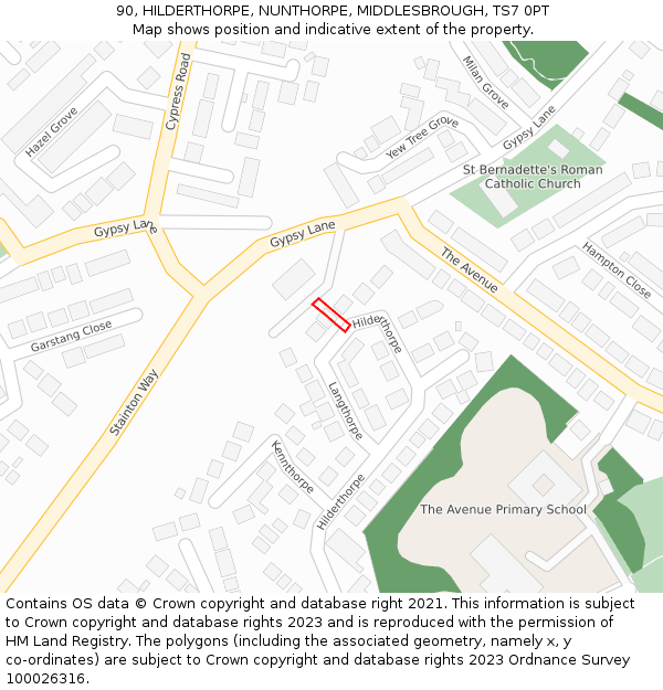90, HILDERTHORPE, NUNTHORPE, MIDDLESBROUGH, TS7 0PT: Location map and indicative extent of plot