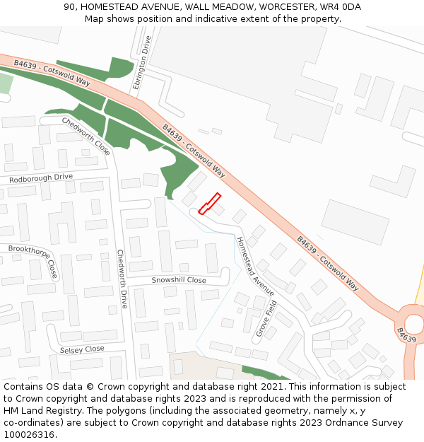 90, HOMESTEAD AVENUE, WALL MEADOW, WORCESTER, WR4 0DA: Location map and indicative extent of plot