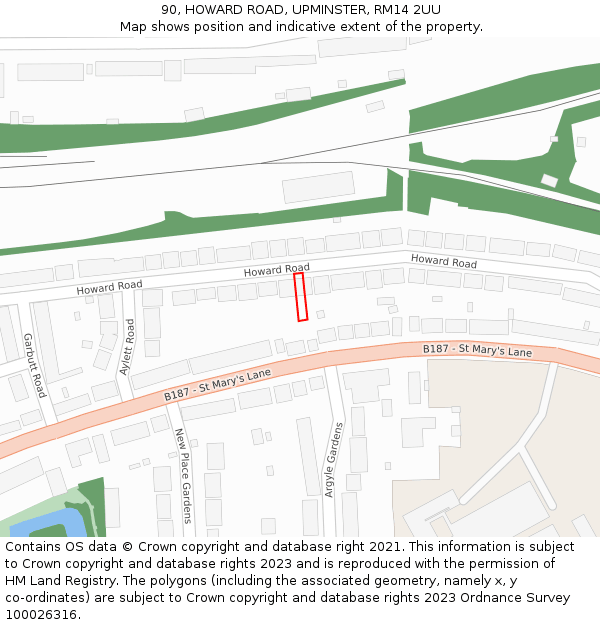 90, HOWARD ROAD, UPMINSTER, RM14 2UU: Location map and indicative extent of plot