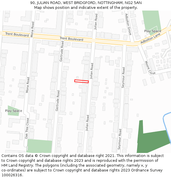 90, JULIAN ROAD, WEST BRIDGFORD, NOTTINGHAM, NG2 5AN: Location map and indicative extent of plot