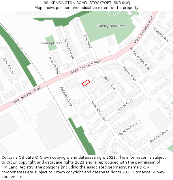 90, KENSINGTON ROAD, STOCKPORT, SK3 0UQ: Location map and indicative extent of plot