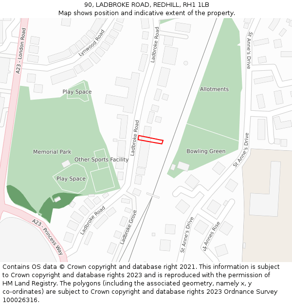 90, LADBROKE ROAD, REDHILL, RH1 1LB: Location map and indicative extent of plot