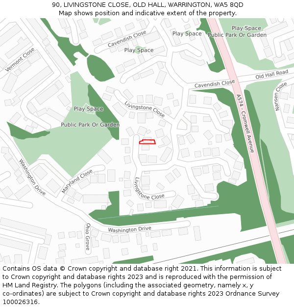 90, LIVINGSTONE CLOSE, OLD HALL, WARRINGTON, WA5 8QD: Location map and indicative extent of plot