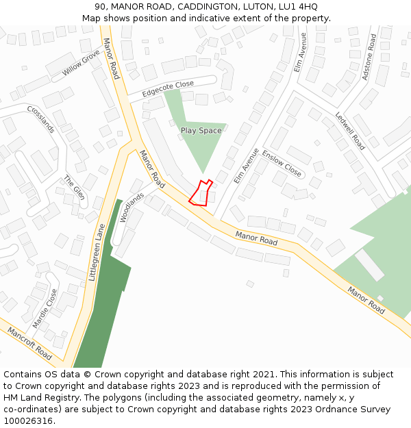 90, MANOR ROAD, CADDINGTON, LUTON, LU1 4HQ: Location map and indicative extent of plot