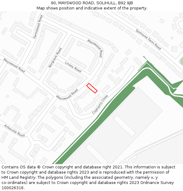 90, MAYSWOOD ROAD, SOLIHULL, B92 9JB: Location map and indicative extent of plot