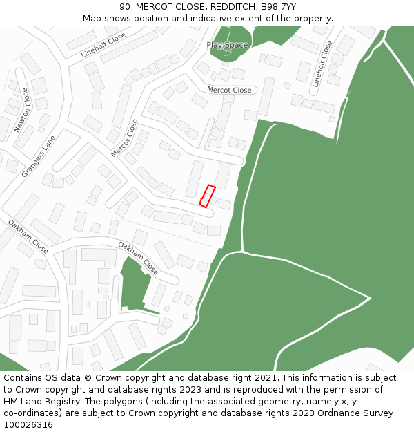 90, MERCOT CLOSE, REDDITCH, B98 7YY: Location map and indicative extent of plot