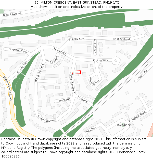 90, MILTON CRESCENT, EAST GRINSTEAD, RH19 1TQ: Location map and indicative extent of plot