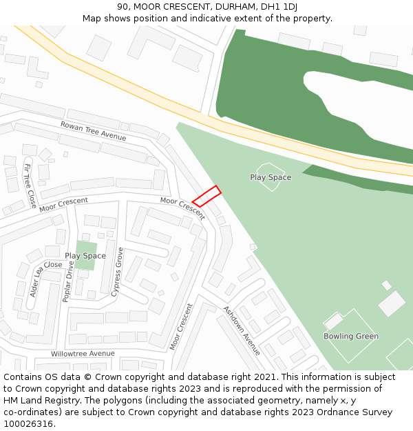 90, MOOR CRESCENT, DURHAM, DH1 1DJ: Location map and indicative extent of plot