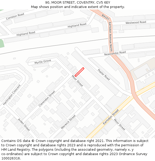 90, MOOR STREET, COVENTRY, CV5 6EY: Location map and indicative extent of plot