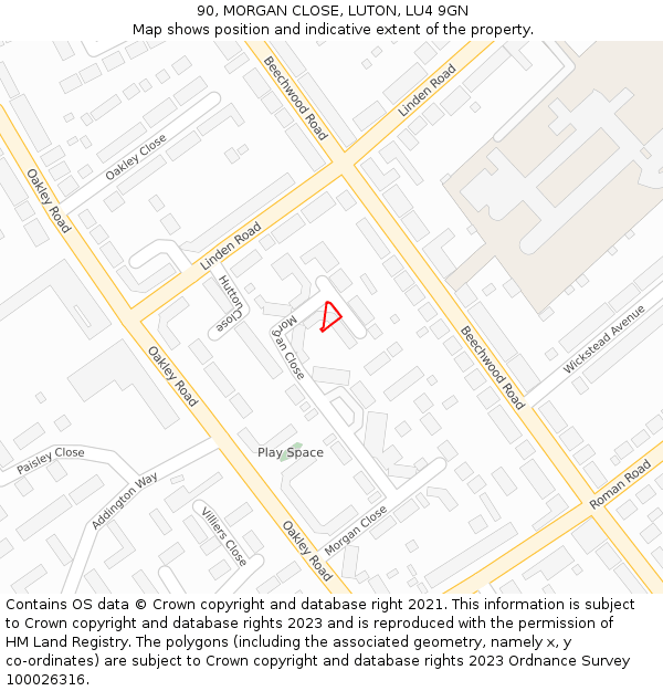 90, MORGAN CLOSE, LUTON, LU4 9GN: Location map and indicative extent of plot
