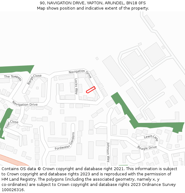90, NAVIGATION DRIVE, YAPTON, ARUNDEL, BN18 0FS: Location map and indicative extent of plot