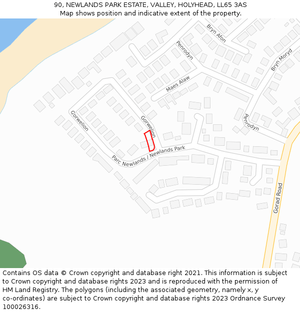 90, NEWLANDS PARK ESTATE, VALLEY, HOLYHEAD, LL65 3AS: Location map and indicative extent of plot