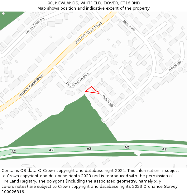 90, NEWLANDS, WHITFIELD, DOVER, CT16 3ND: Location map and indicative extent of plot
