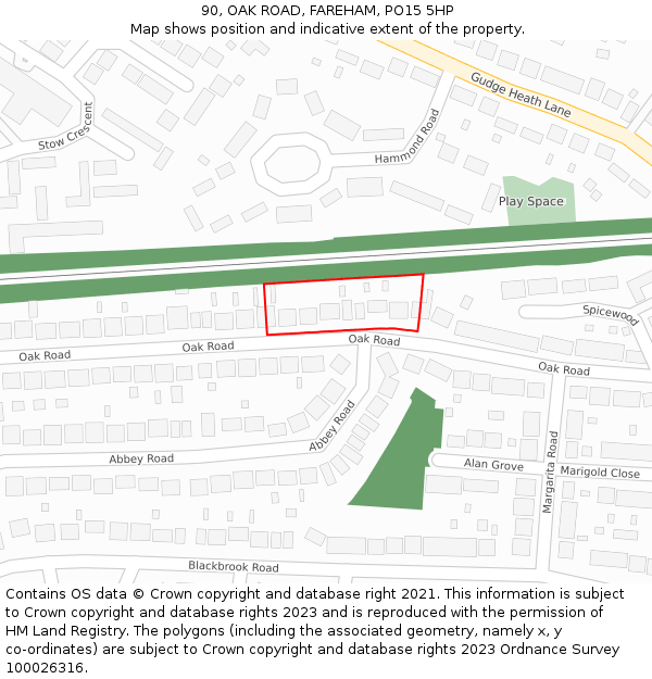 90, OAK ROAD, FAREHAM, PO15 5HP: Location map and indicative extent of plot