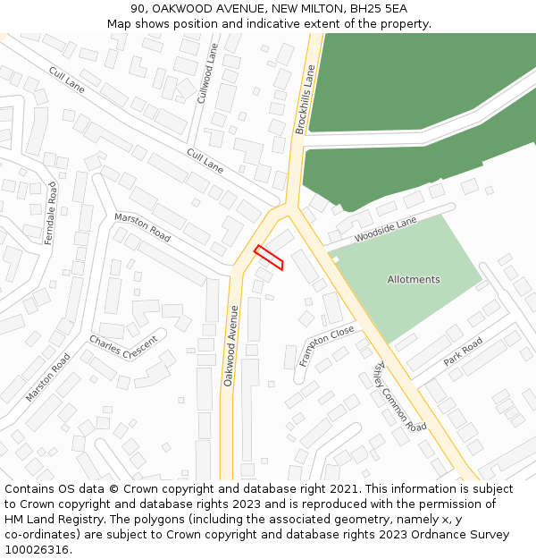 90, OAKWOOD AVENUE, NEW MILTON, BH25 5EA: Location map and indicative extent of plot