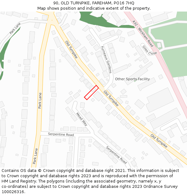 90, OLD TURNPIKE, FAREHAM, PO16 7HQ: Location map and indicative extent of plot