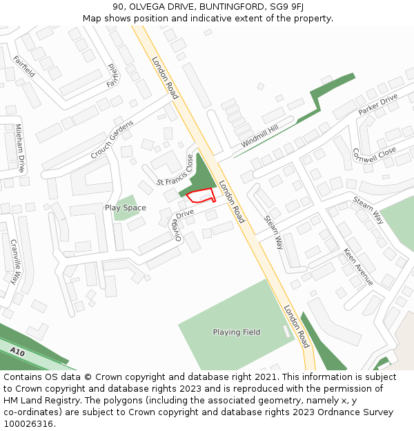 90, OLVEGA DRIVE, BUNTINGFORD, SG9 9FJ: Location map and indicative extent of plot