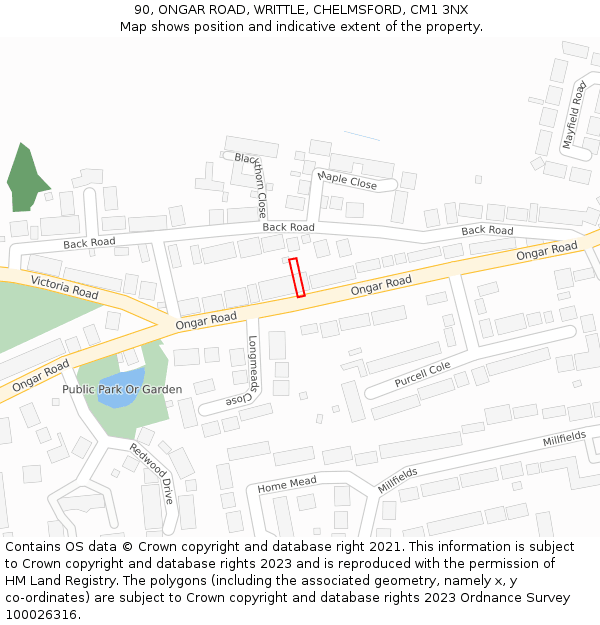 90, ONGAR ROAD, WRITTLE, CHELMSFORD, CM1 3NX: Location map and indicative extent of plot