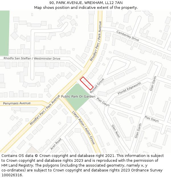 90, PARK AVENUE, WREXHAM, LL12 7AN: Location map and indicative extent of plot