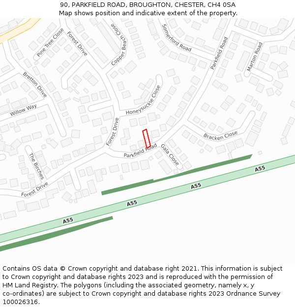 90, PARKFIELD ROAD, BROUGHTON, CHESTER, CH4 0SA: Location map and indicative extent of plot