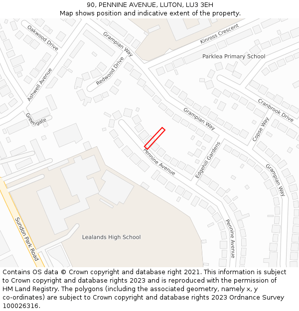 90, PENNINE AVENUE, LUTON, LU3 3EH: Location map and indicative extent of plot