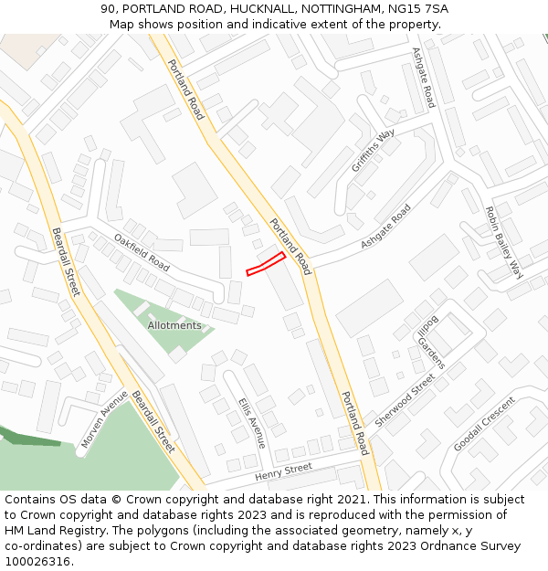 90, PORTLAND ROAD, HUCKNALL, NOTTINGHAM, NG15 7SA: Location map and indicative extent of plot