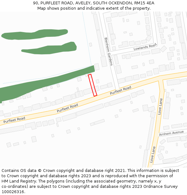 90, PURFLEET ROAD, AVELEY, SOUTH OCKENDON, RM15 4EA: Location map and indicative extent of plot