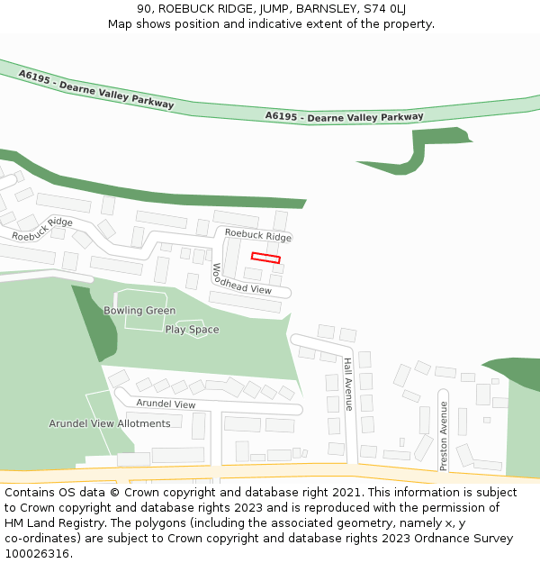 90, ROEBUCK RIDGE, JUMP, BARNSLEY, S74 0LJ: Location map and indicative extent of plot