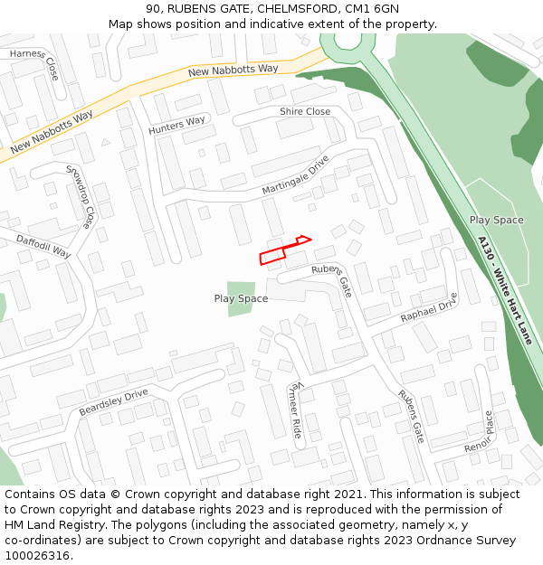 90, RUBENS GATE, CHELMSFORD, CM1 6GN: Location map and indicative extent of plot