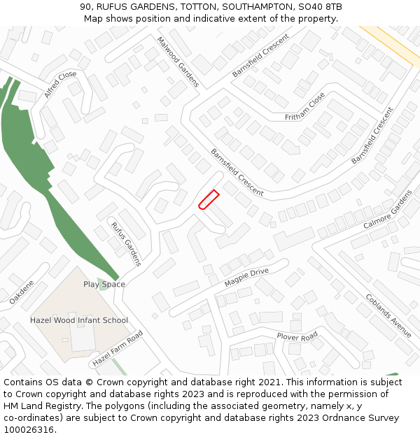 90, RUFUS GARDENS, TOTTON, SOUTHAMPTON, SO40 8TB: Location map and indicative extent of plot