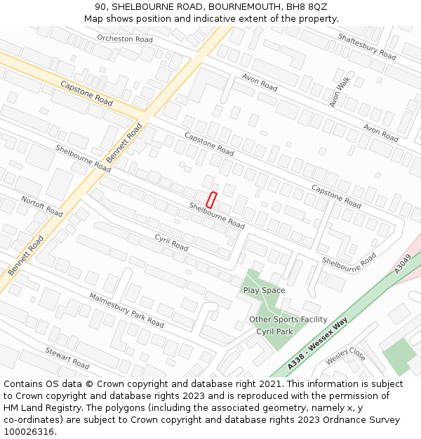 90, SHELBOURNE ROAD, BOURNEMOUTH, BH8 8QZ: Location map and indicative extent of plot