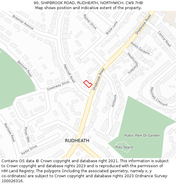90, SHIPBROOK ROAD, RUDHEATH, NORTHWICH, CW9 7HB: Location map and indicative extent of plot